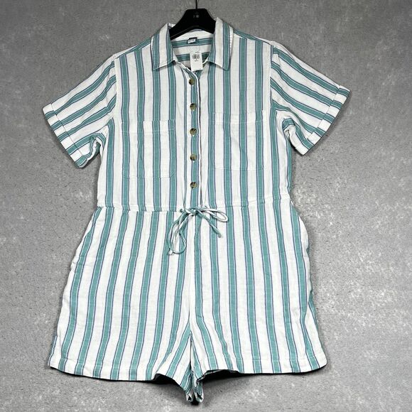 Old Navy Womens PM  Romper Blue Stripe Gauze Cinch Pockets 100% Cotton Button - Picture 1 of 14
